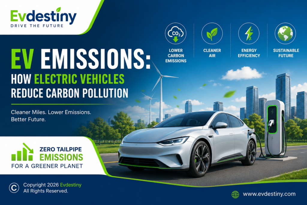EV Emissions infographic showing how electric vehicles reduce carbon pollution, improve air quality, and support clean energy