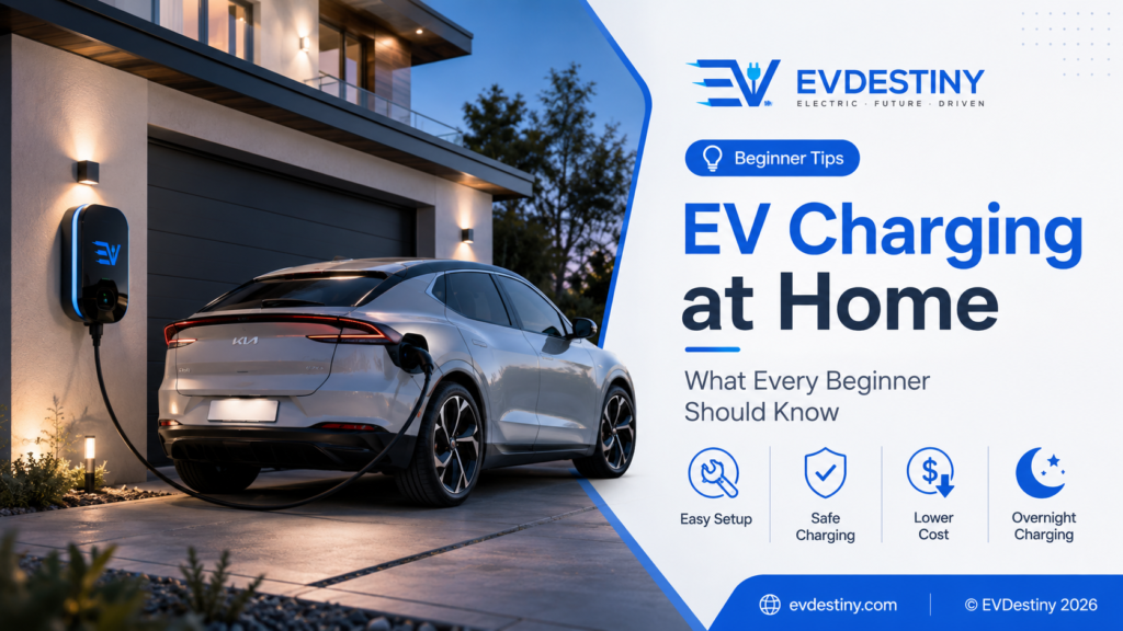Electric vehicle connected to a home charging station with beginner tips for easy setup, lower cost, and safe charging.