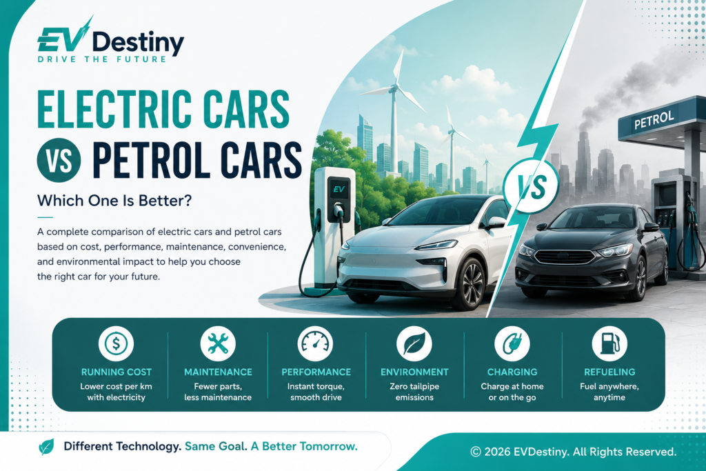 Electric car and petrol car side by side showing future mobility and clean transportation