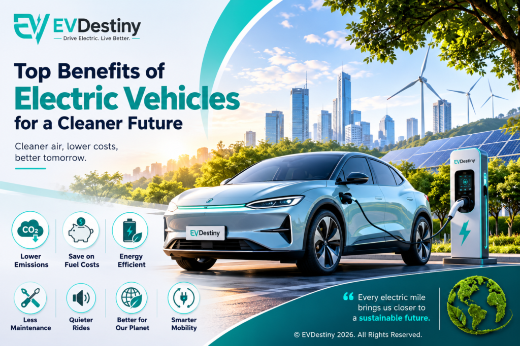 Electric car infographic showing lower emissions, cleaner air, reduced maintenance, and energy efficiency.