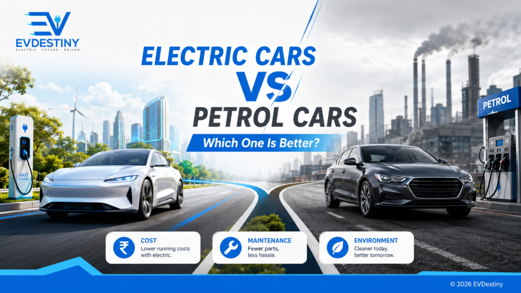 EV vs petrol cars infographic showing running cost, maintenance, performance, and environment benefits