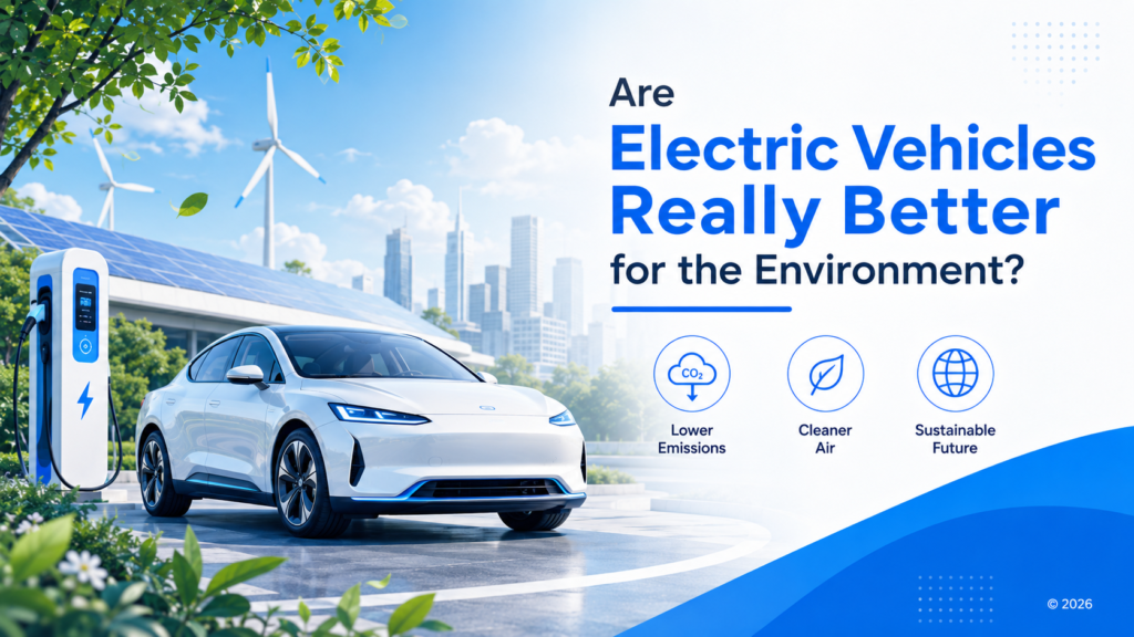 Electric vehicle charging with solar panels and wind turbines for cleaner transportation.