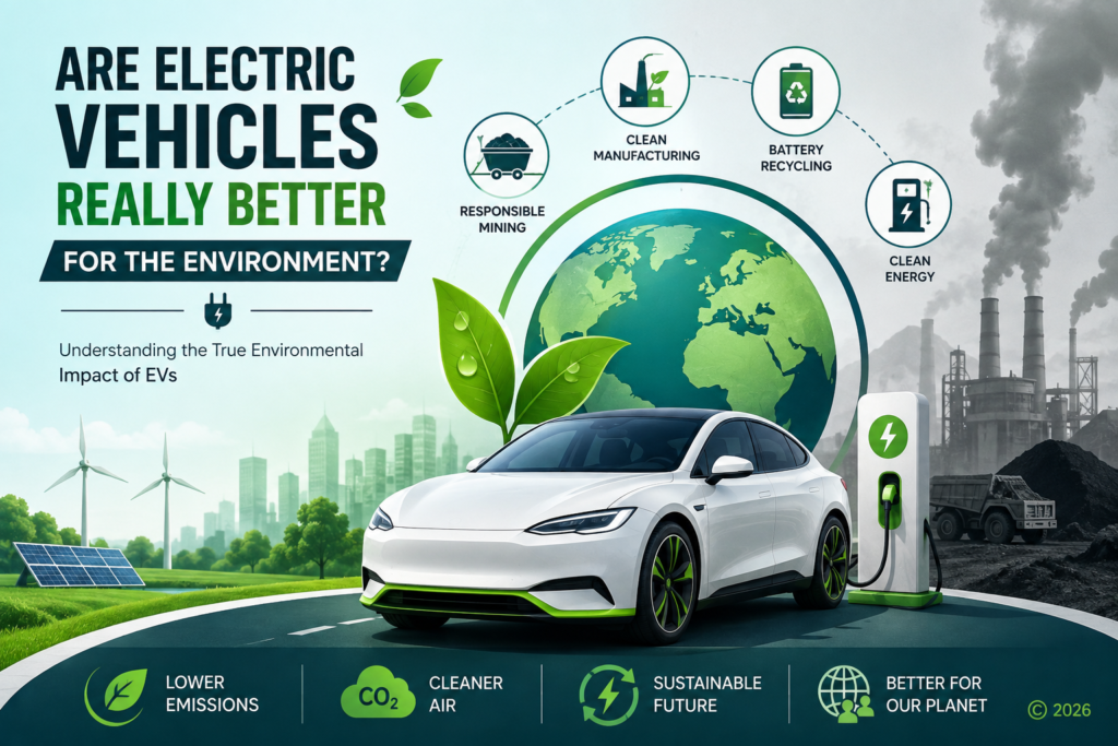 Environmental impact of electric vehicles showing clean energy, battery recycling, responsible mining, and lower emissions.
